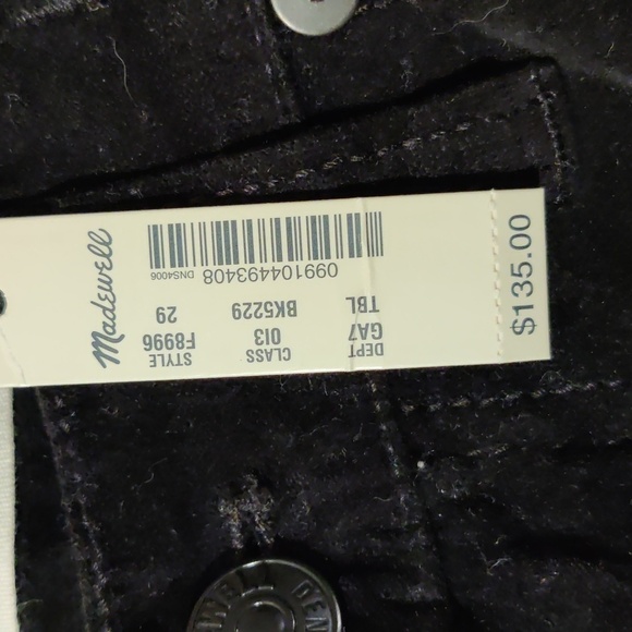 Madewell 9" Super Skinny Black Velvet Jeans NWT Size 29 - Picture 3 of 7